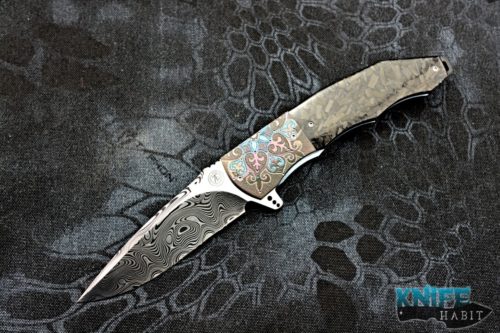 custom andre thorbrun l53 knife, damasteel blade, engraved zirconium bolsters, shredded carbon fiber scales