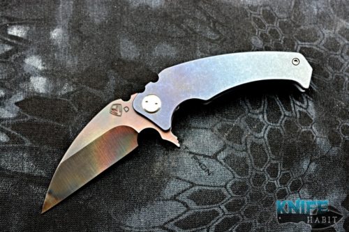 semi-custom greg medford fuk flipper knife, vulcan d2 blade steel, blue purple anodized titanium, fighting utility knife