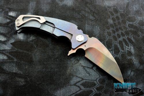 semi-custom greg medford fuk flipper knife, vulcan d2 blade steel, blue purple anodized titanium, fighting utility knife
