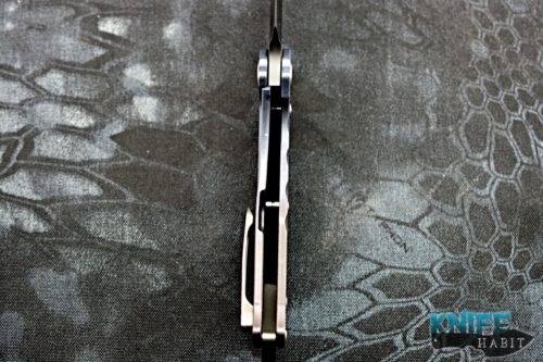 semi-custom greg medford praetorian knife, black pvd blade, blue purple bronze anodized titanium frame