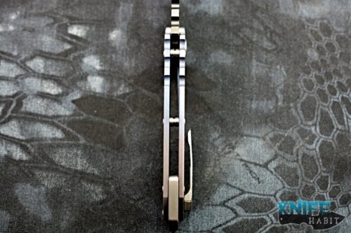 semi-custom greg medford praetorian knife, black pvd blade, blue purple bronze anodized titanium frame
