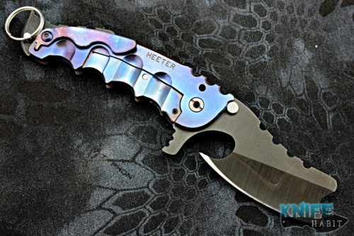 custom todd heeter m-o-w axe choppa knife, black 3v blade, anodized titanium frame