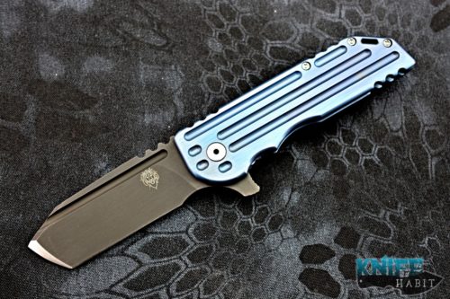 custom alphahunter tactical design dark knife warhorse knife, blue titanium, acid washed 4v blade steel