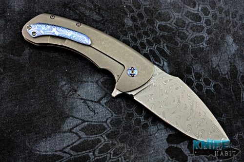 custom rick barrett apocalypse knife, damascus blade, stonewashed frame