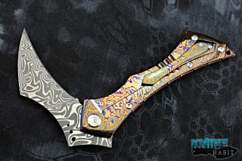custom sergey rogovets grim reaper knife, mokuti frame, chad nichols damascus blade