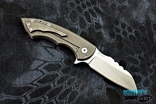 custom brad blount jbb milliwatt knife, tumbled titanium frame, satin blade finish