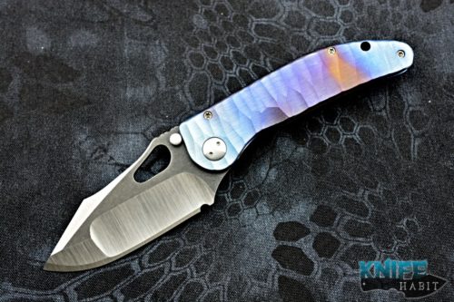 custom damjan eror saurus knife, cpm 3v blade steel, compound grind, sculpted titanium handle