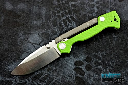 custom demko knives mg ad15 knife, toxic green g10 handle, s35vn blade steel