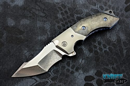 custom allen elishewitz jvo design 2 knife, marbled carbon fiber scales, blue anodized titanium frame