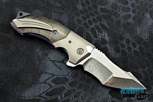 custom allen elishewitz jvo design 2 knife, marbled carbon fiber scales, blue anodized titanium frame