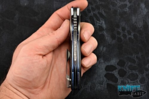 custom allen elishewitz jvo design 2 knife, marbled carbon fiber scales, blue anodized titanium frame