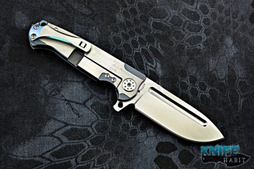 semi-custom andre de villiers mini pathfinder knife, adv tactical, satin s35vn blade steel, teal anodized titanium frame