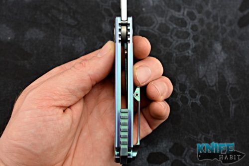 semi-custom andre de villiers mini pathfinder knife, adv tactical, satin s35vn blade steel, teal anodized titanium frame