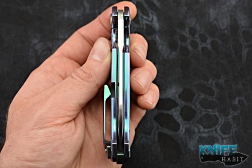 semi-custom andre de villiers mini pathfinder knife, adv tactical, satin s35vn blade steel, teal anodized titanium frame