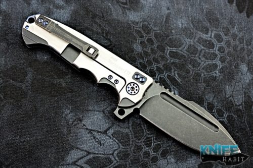 custom andre de villiers harpoon f17 knife, adv tactical, acid washed s35vn blade steel, blurple anodized hardware