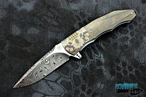custom andre thorburn l53 knife, engraved zirconium bolsters, carbon fiber scales, damasteel blade