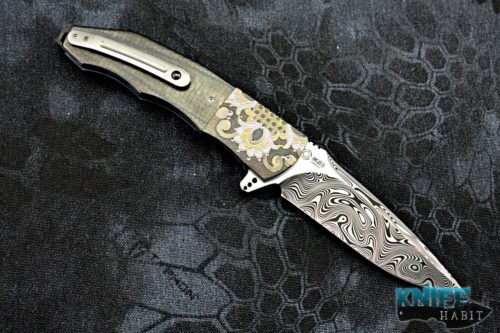 custom andre thorburn l53 knife, engraved zirconium bolsters, carbon fiber scales, damasteel blade