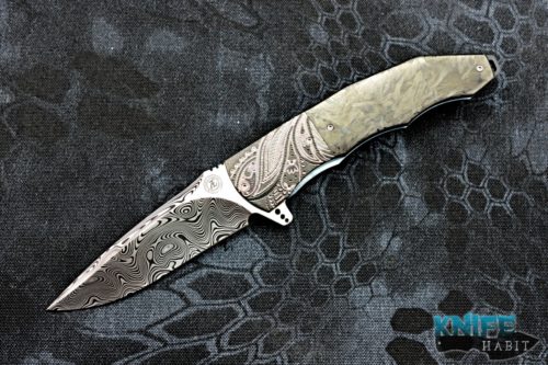 custom andre thorburn l53 knife, damasteel blade, marbled carbon fiber scales, engraved zirconium bolsters