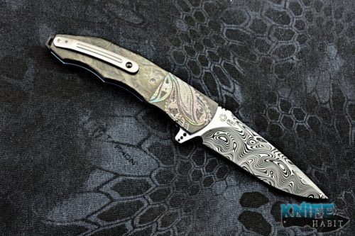 custom andre thorburn l53 knife, damasteel blade, marbled carbon fiber scales, engraved zirconium bolsters