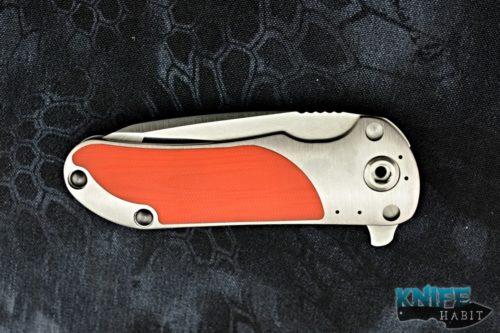 custom direware t-96 knife, bohler m390 blade steel, orange g10 inlay titanium handle