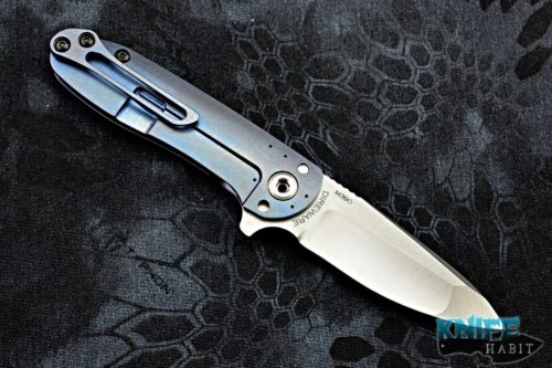 custom direware tailwhip version 2 knife, multigrind bohler m390 blade steel, blue anodized titanium handle