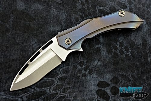 semi-custom mikkel willumsen mad dog knife, blue flamed bronze titanium handle