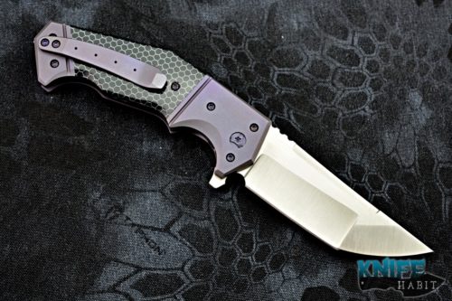custom randy doucette serpent knife, purple anodized titanium frame, satin s35vn blade steel