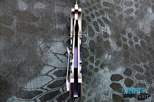 custom randy doucette serpent knife, purple anodized titanium frame, satin s35vn blade steel