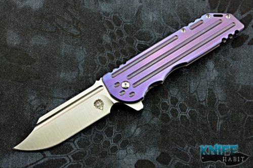 custom alphahunter tactical design warbowie knife, royal purple anodized titanium handle, satin bohler m390 blade steel