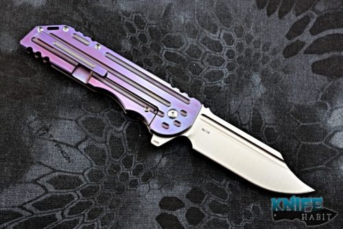 custom alphahunter tactical design warbowie knife, royal purple anodized titanium handle, satin bohler m390 blade steel