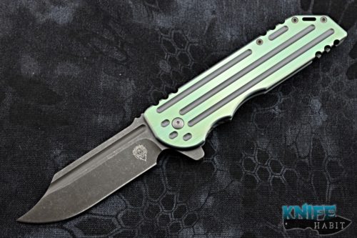 custom alphahunter tactical design warbowie knife, warhulk green anodized titanium handle, acid washed bohler m390 blade steel