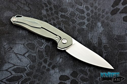 custom jens anso neo knife, blade show 2018, mokume inlay, green titanium, satin rwl-34 blade steel