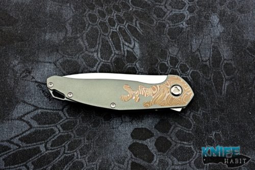 custom jens anso neo knife, blade show 2018, mokume inlay, green titanium, satin rwl-34 blade steel