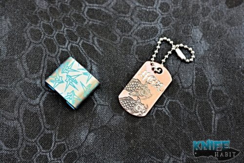 custom steel flame jewelry molle clip, blue paper mache cranes, steel flame koi fish dog tag