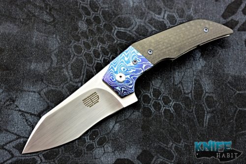 custom tashi bharucha terrior knife, blade show 2018, timascus bolsters, marbled carbon fiber scales