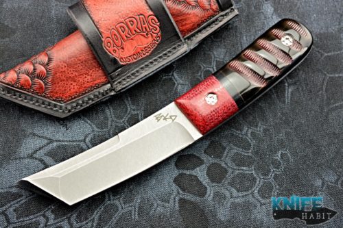 custom borras kustom designs foodog fixed blade knife, s35vn blade steel, rams horn scales, burlap bolsters