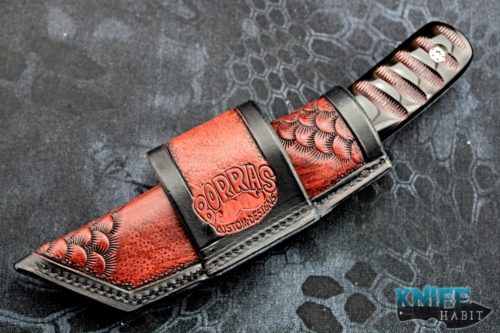 custom borras kustom designs foodog fixed blade knife, s35vn blade steel, rams horn scales, burlap bolsters