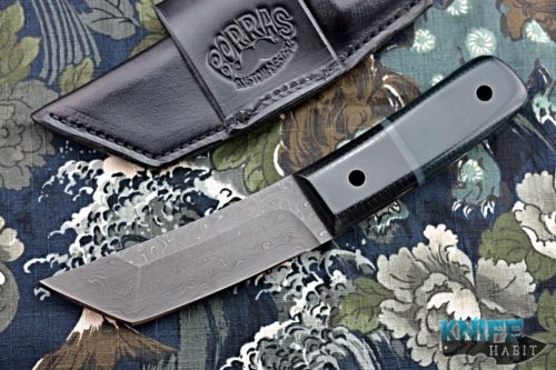 custom borras kustom design foodog fixed blade knife, blade show 2018, vegas forge stainless steel damascus blade, black g10 green micarta handle