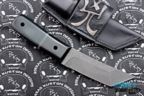 custom borras kustom design foodog fixed blade knife, blade show 2018, vegas forge stainless steel damascus blade, black g10 green micarta handle