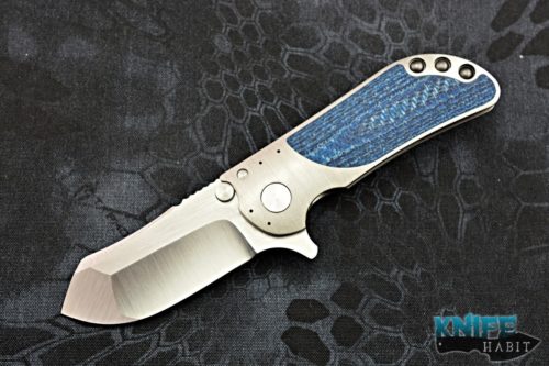 custom direware M8 knife, blue twill inlay, satin titanium handle, cpm-s110v blade steel