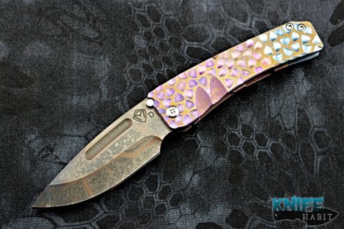 custom greg medford midi marauder knife, vulcan d2 blade steel, bronze purple blue sculpted titanium handle