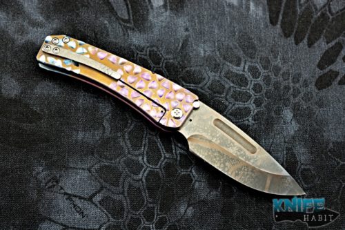 custom greg medford midi marauder knife, vulcan d2 blade steel, bronze purple blue sculpted titanium handle