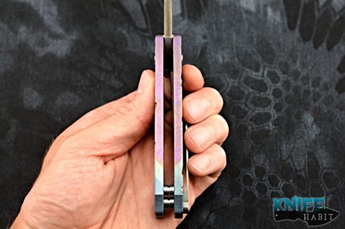 custom greg medford midi marauder knife, vulcan d2 blade steel, bronze purple blue sculpted titanium handle