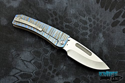 custom greg medford midi marauder knife, satin d2 blade steel, blue sculpted titanium handle