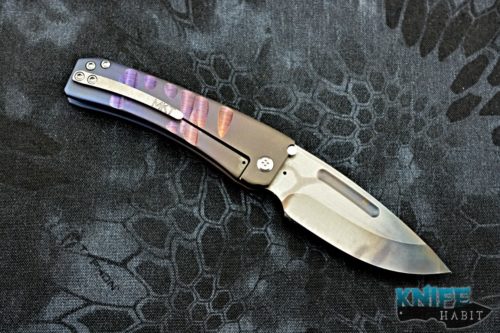 custom greg medford midi marauder knife, vulcan d2 blade steel, bronze purple blue sculpted titanium handle