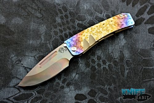 custom greg medford midi marauder knife, vulcan d2 blade steel, bronze purple blue sculpted titanium handle