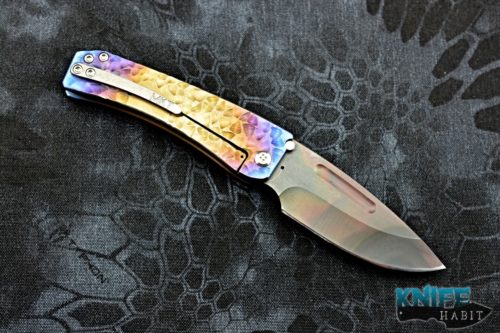 custom greg medford midi marauder knife, vulcan d2 blade steel, bronze purple blue sculpted titanium handle