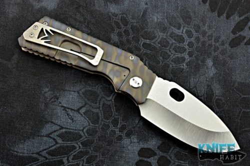 custom greg medford tff-1 fat daddy knife, custom contoured flamed bead blasted titanium handle, satin d2 blade steel