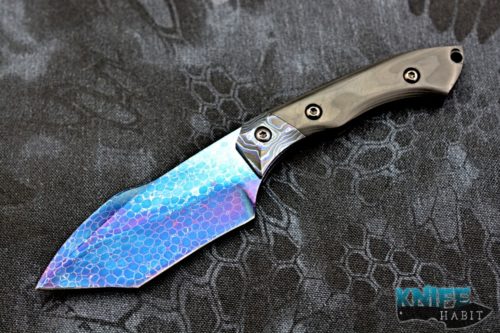 custom ncsteelwrx brandon corbin harpoon recurve tanto knife, dragonskin damascus blade steel, zircuti bolster handle