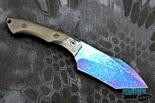 custom ncsteelwrx brandon corbin harpoon recurve tanto knife, dragonskin damascus blade steel, zircuti bolster handle